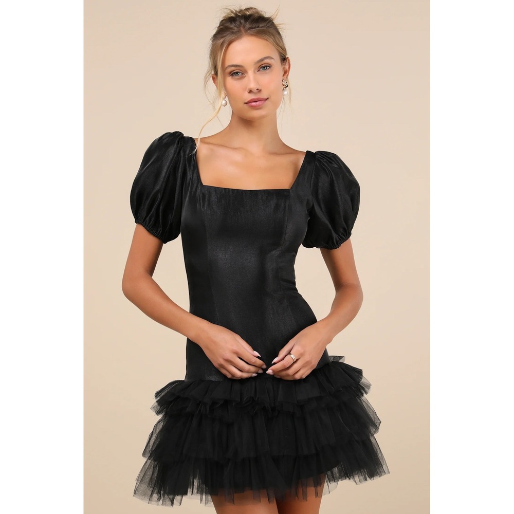 Lulus Notably Fabulous Black Taffeta Tiered Puffed Sleeve Mini Party Dress L